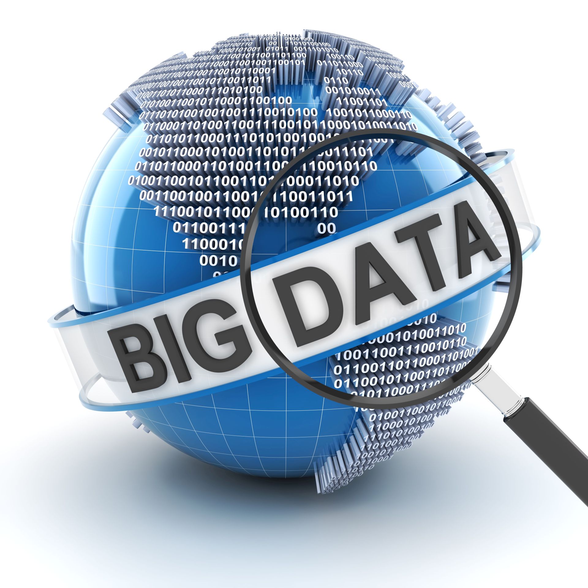 Big data with digital globe and magnifying glass, 3d render, white background